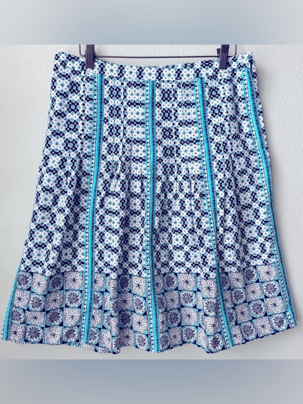Ann Taylor LOFT Geometric Print Pleated Cotton A-Line Skirt Blue White Size 10